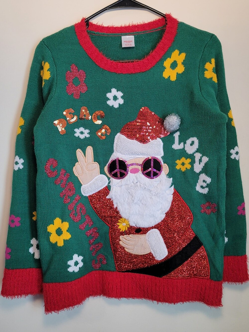 Holiday Time Green Sweater with Red Fuzzy Trim